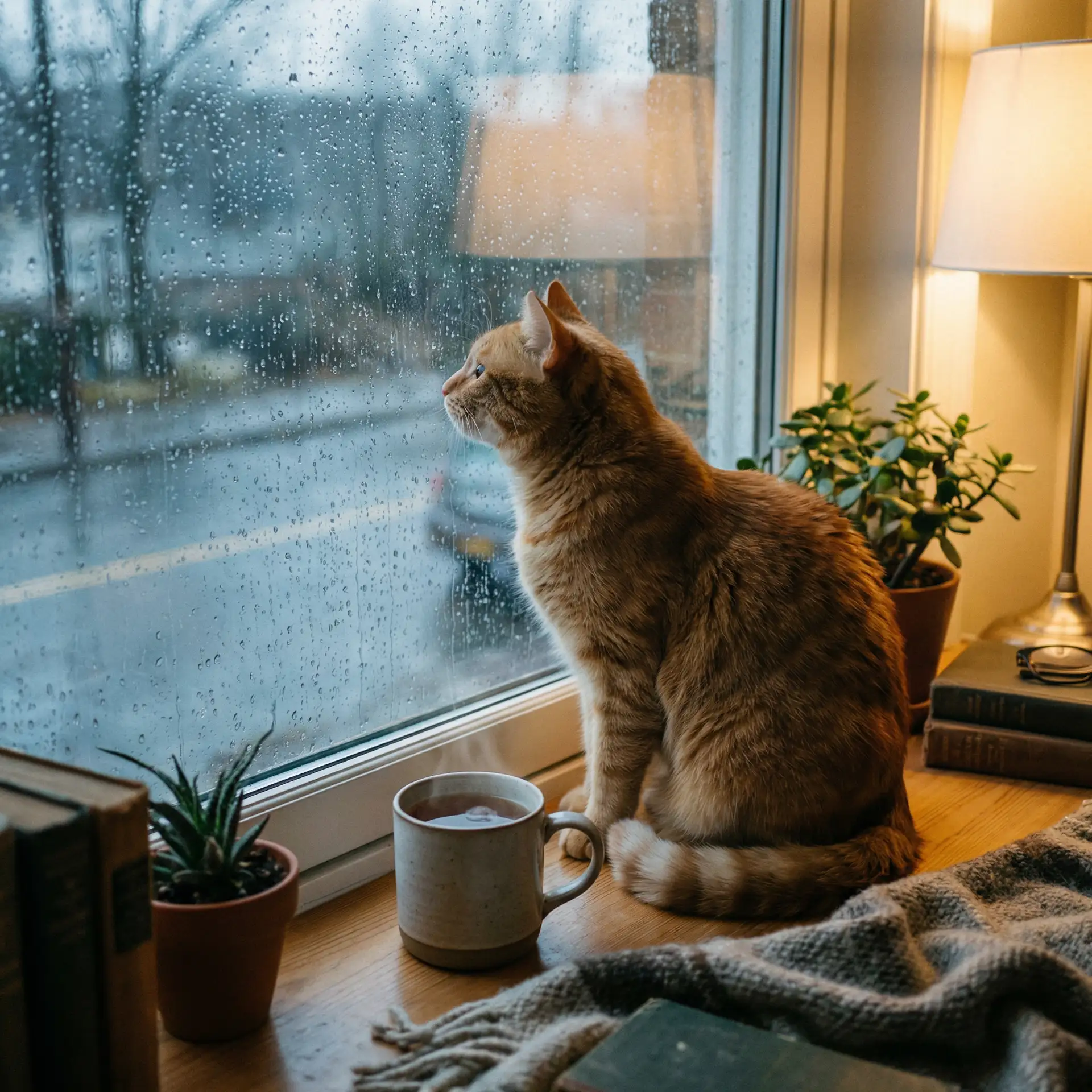 猫咪望着窗外的雨 - 老牛嫩草app